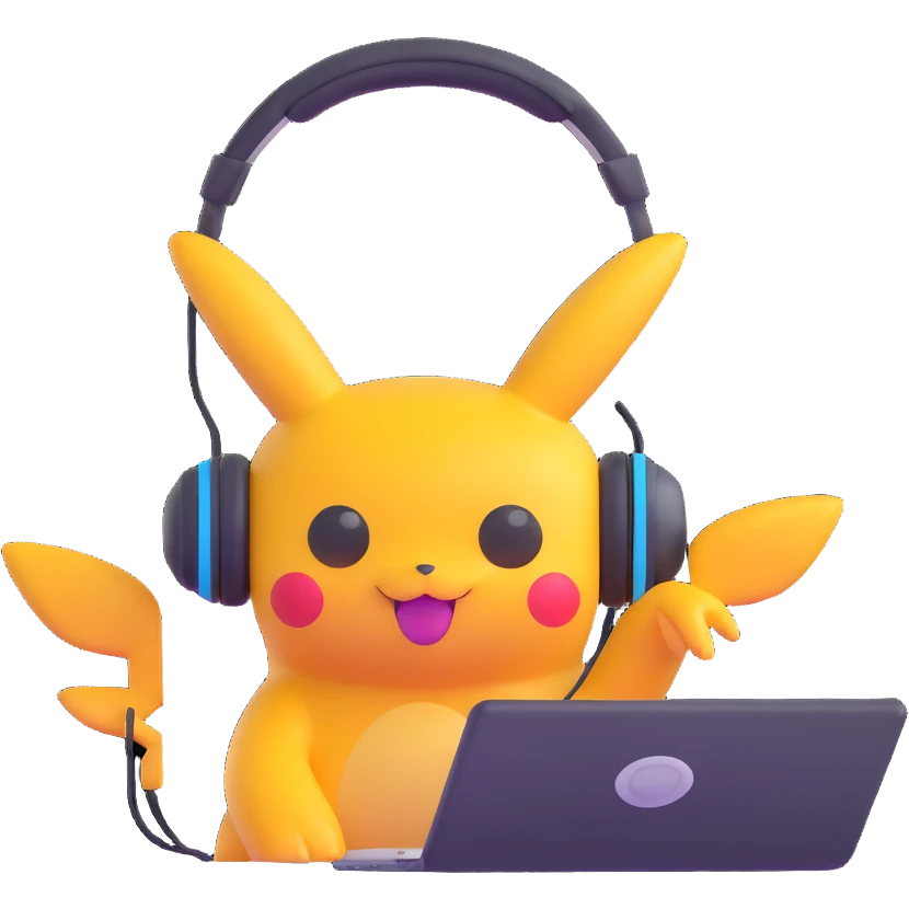 Pokémon character with headphones, editing video on a computer, cheerful expression emoji