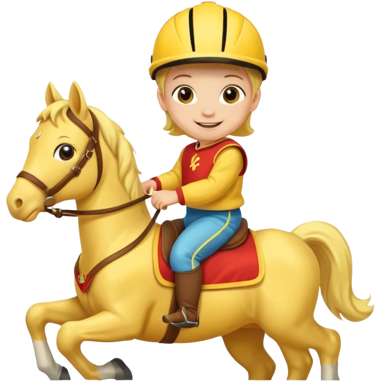 baby riding horse wearing racing cloth yellow emoji
