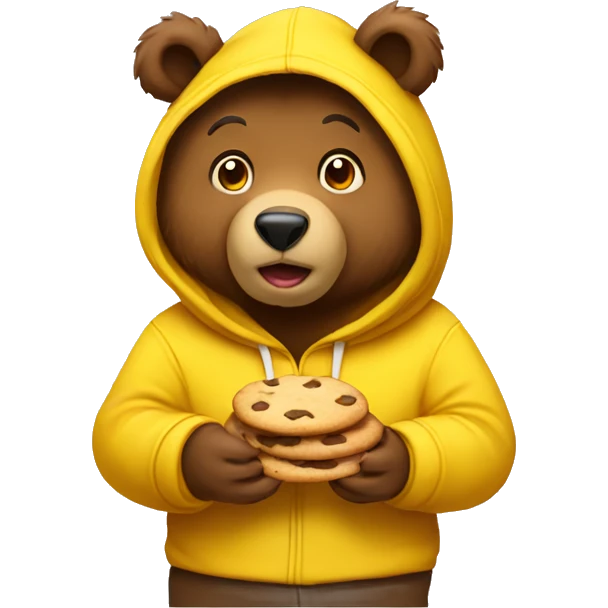 brown bear wearing a yellow hoodie and eating a cookies emoji