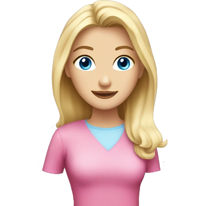Blonde girl with strait hair and blue eyes with pink top coffee emoji