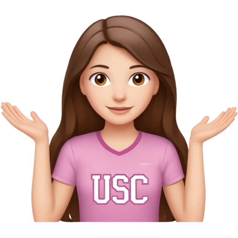 happy white long brunette hair girl with hazel eyes and in a light pink shirt with the letters USC in white emoji