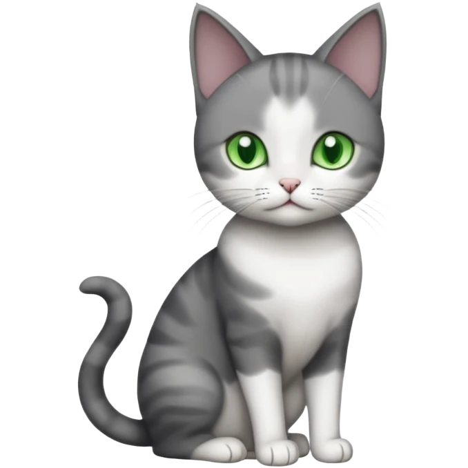 full body small short hair dark grey and white cat with green eyes emoji
