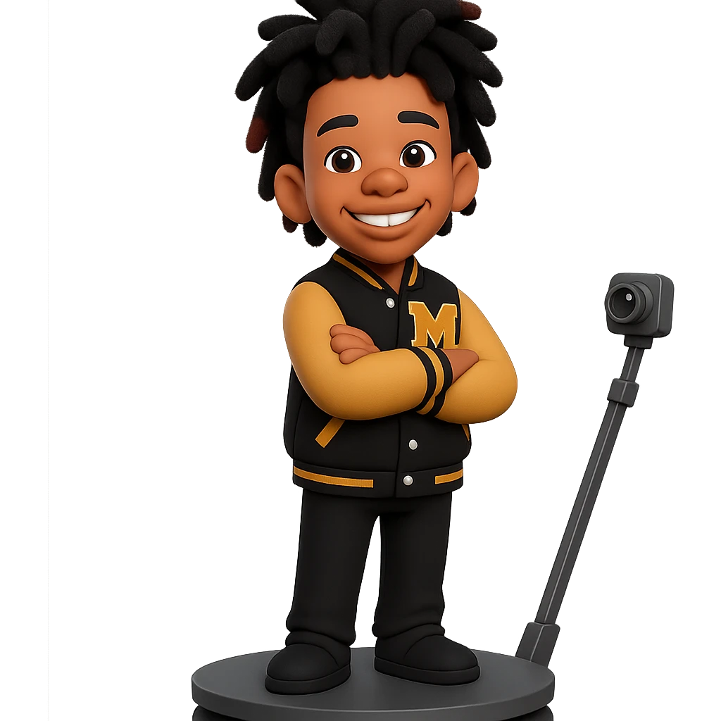 Create a 3D cartoon style emoji of the person in the reference photo. Capture his hairstyle and facial features accurately. He is wearing the same letterman jacket with an M on it, arms crossed and smiling. He is standing on a 360 photobooth platform with a rotating camera arm visible. Keep the background transparent. emoji