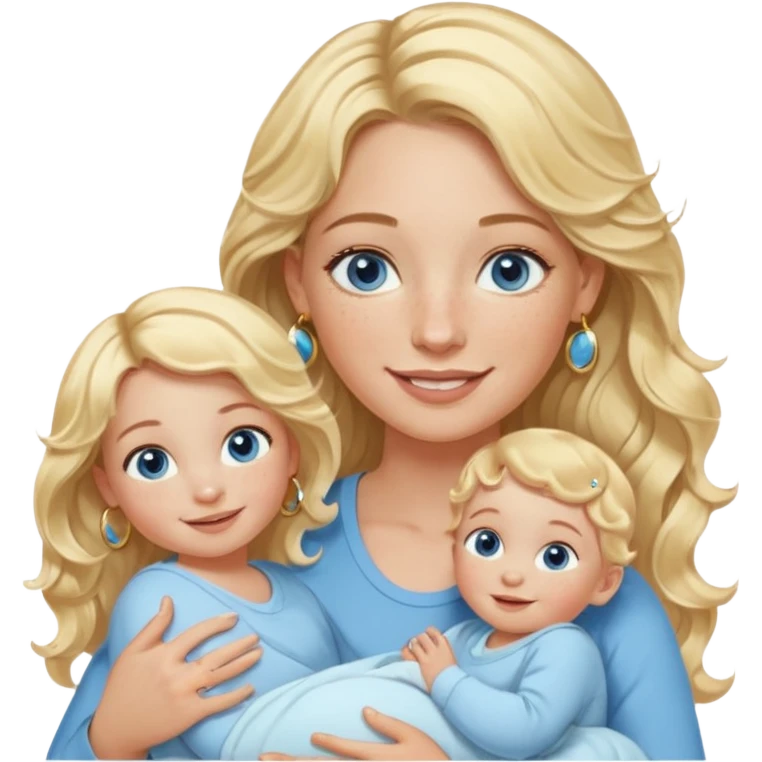 Wavy blonde, white woman with blue eyes, freckles hoop earrings, holding babies smiling and really cute in gold hoops she needs to be holding three newborns, and she needs to be more cute than pretty emoji