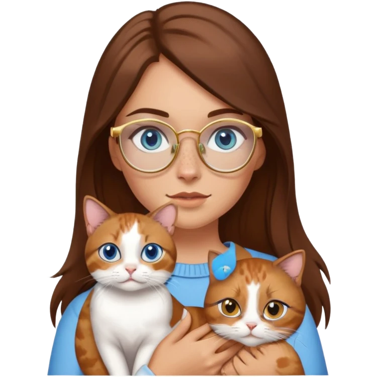 White girl with blue eyes, brown hair, freckles, and gold glasses, holding a small calico cat emoji