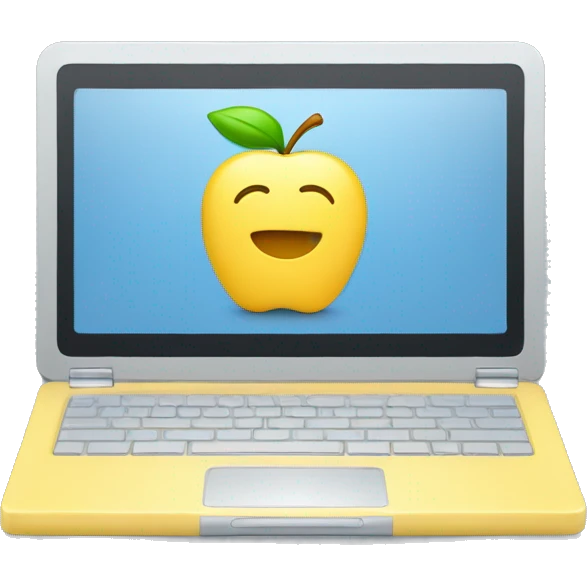 a notebook computer which shows and apple on its screen. Use pastel colors, prefering a soft yellow, a soft blue and soft gray. Be minimalistic. emoji