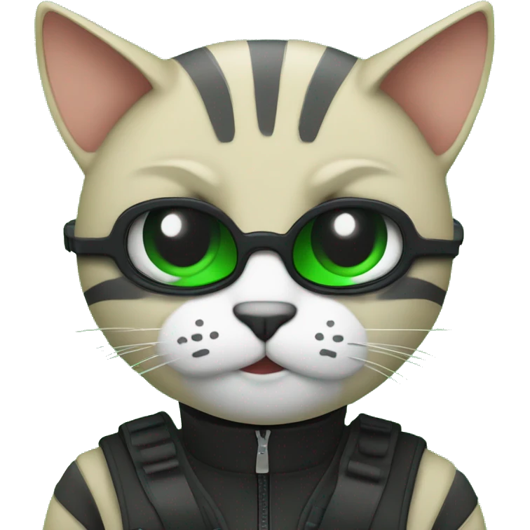 Generate a emoji of the face has a cat and the overview of this concept is hacker programming in a laptop that laptop has programming in green colour and screen in black colour and over all theme is in black colour emoji