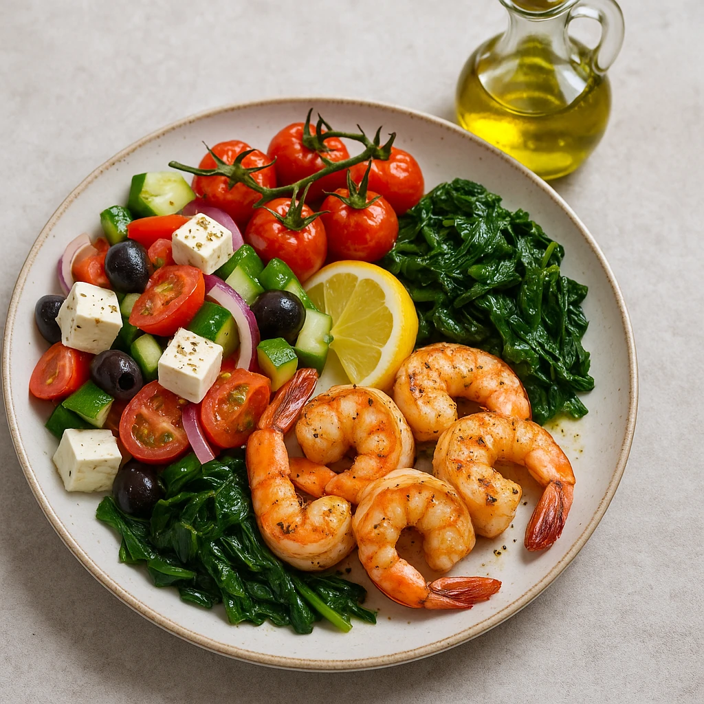 realistic Mediterranean meal plate with seafood, vegetables, and olive oil, vibrant colors emoji