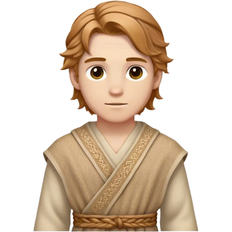 Medieval spring outfit worn by a DnD themed fantasy male character. Wheat-colored wool tunic with subtle herringbone weave pattern, cinched with a braided fabric sash. Clothes only above the waist, full waist coverage. The character has no arms. Character is white-skinned with light chestnut hair, golden brown eyes, and medium-length wavy hair. emoji
