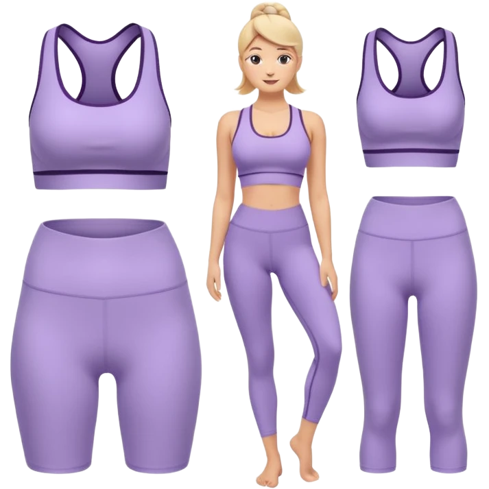 modern yoga set emoji, lavender sports bra and leggings high-waisted, subtle ribbed details small logo, comfortable flexible outfit, wellness yoga activities emoji