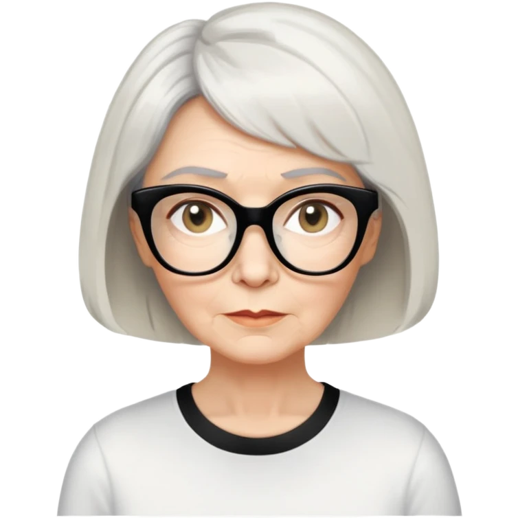 white older woman about 60 with light warm skin, short black bob haircut with slight waves at ends, neutral expression, large black shiny butterfly or cat-eye glasses, white casual t-shirt, calm and creative energy emoji