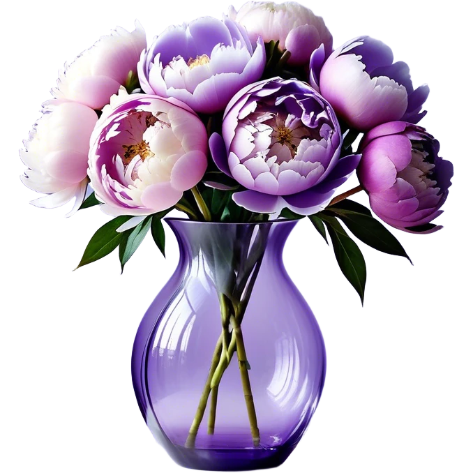 "A stylized bouquet of peonies in soft shades of light purple, pastel lilac, and icy lavender, arranged in a semi-transparent violet glass vase with exaggerated curves. The petals have a flowing, almost watercolor-like texture, blending seamlessly into each other. A wide, silky ribbon in a matching pastel purple hue wraps around the vase, with elegantly elongated ends that twist and curl in the air."
 emoji