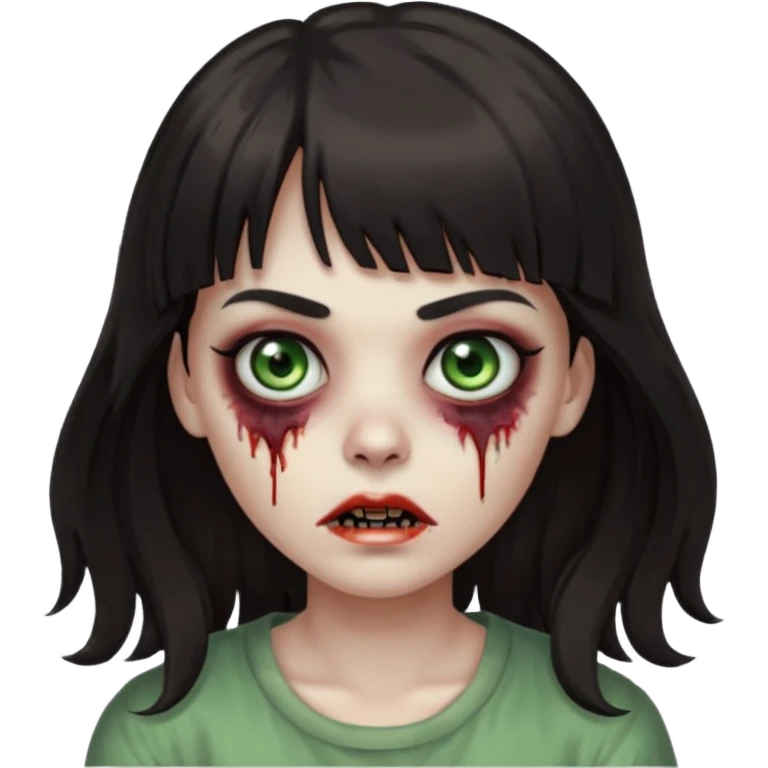 Zombie girl, with bangs above her eyebrows, her dark hair, thin eyebrows. Long hair and Wavy emoji