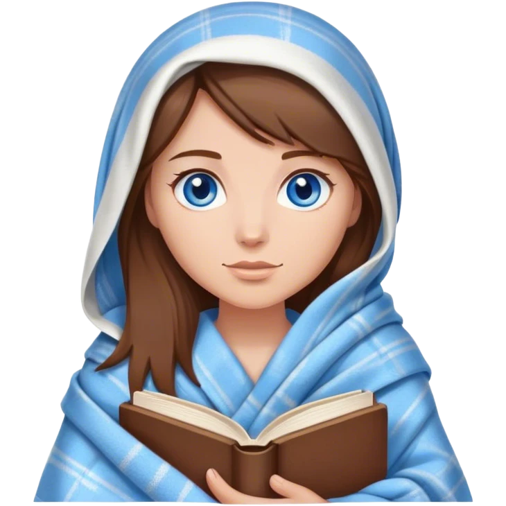 Women in a blanket with a book, brown hair blue eyes emoji