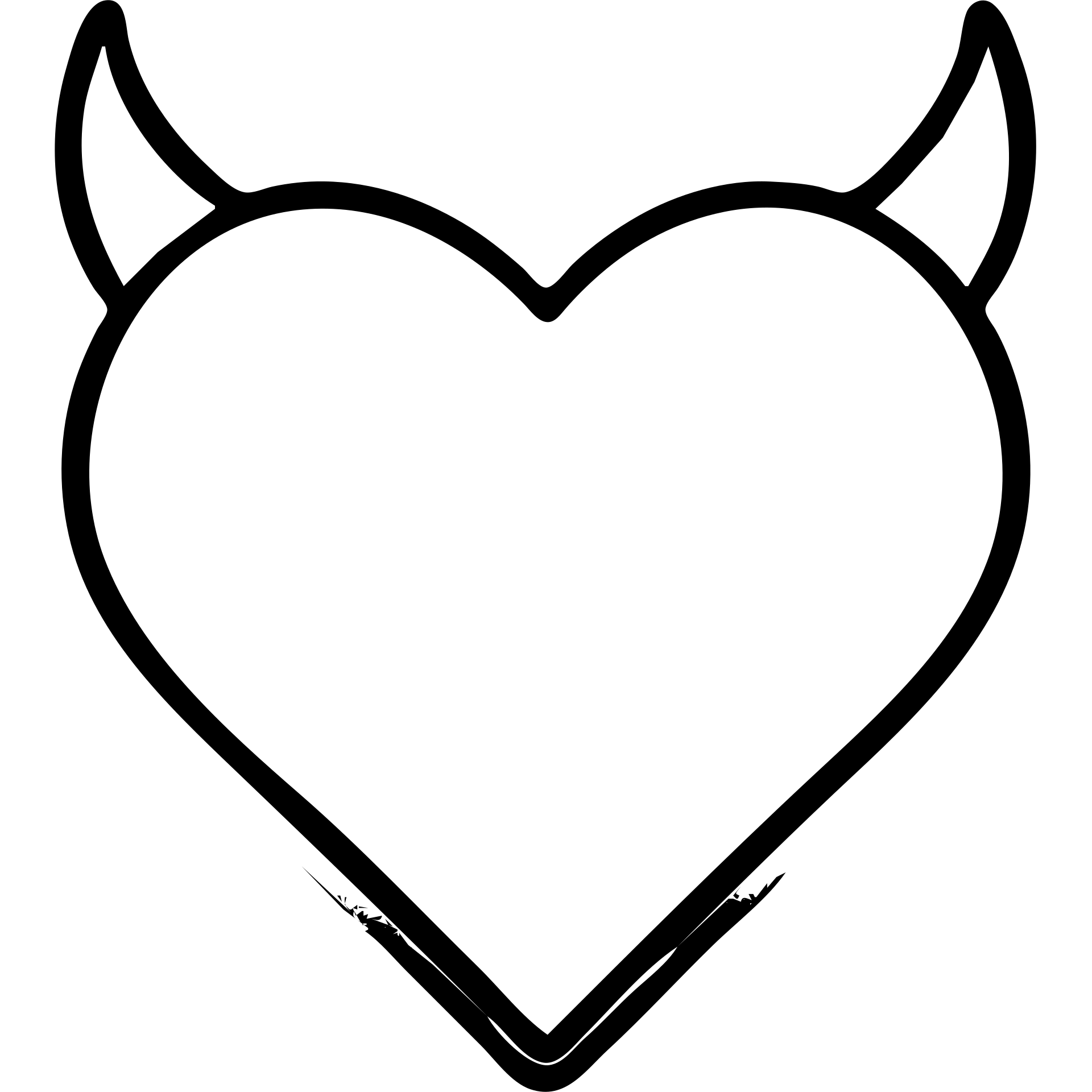 Minimalist devil heart icon with a black heart with red outline and horns, no tail. Transparent background with a rainbow outline for pride. emoji