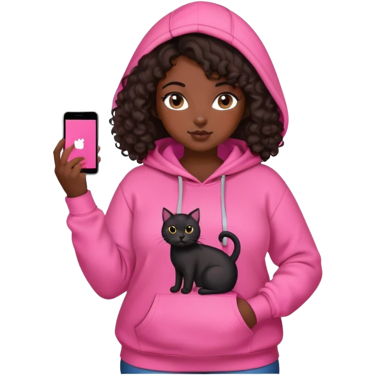 curvy girl with dark brown curly hair in pink hoodie with black cat on her hand emoji