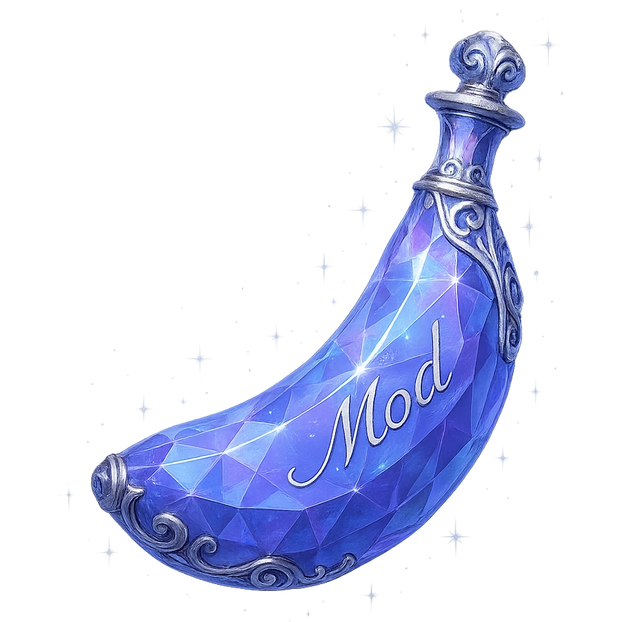 luxurious crystal elixir bottle in banana shape, color #7986cb, ornate silver and iridescent details, magical glowing and sparkling effects, very small neck, seamless bottom, bottle clearly floating in air, no base or shadow, modern, collection style, the word 'Mod' written on the bottle emoji