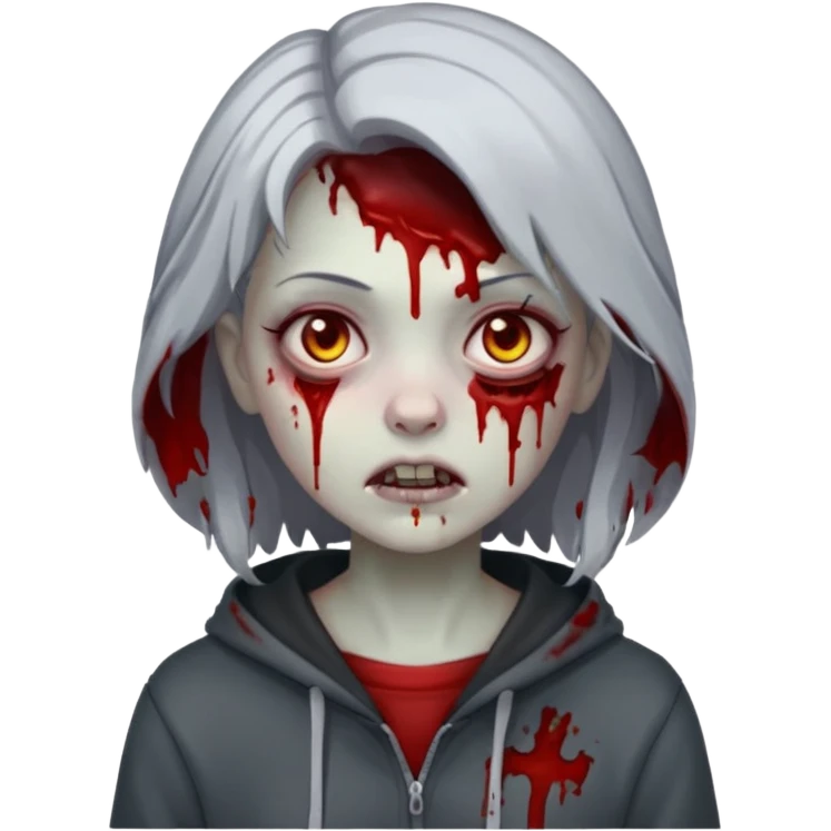 zombie girl with blood and grey hair with a dark hoodie on emoji