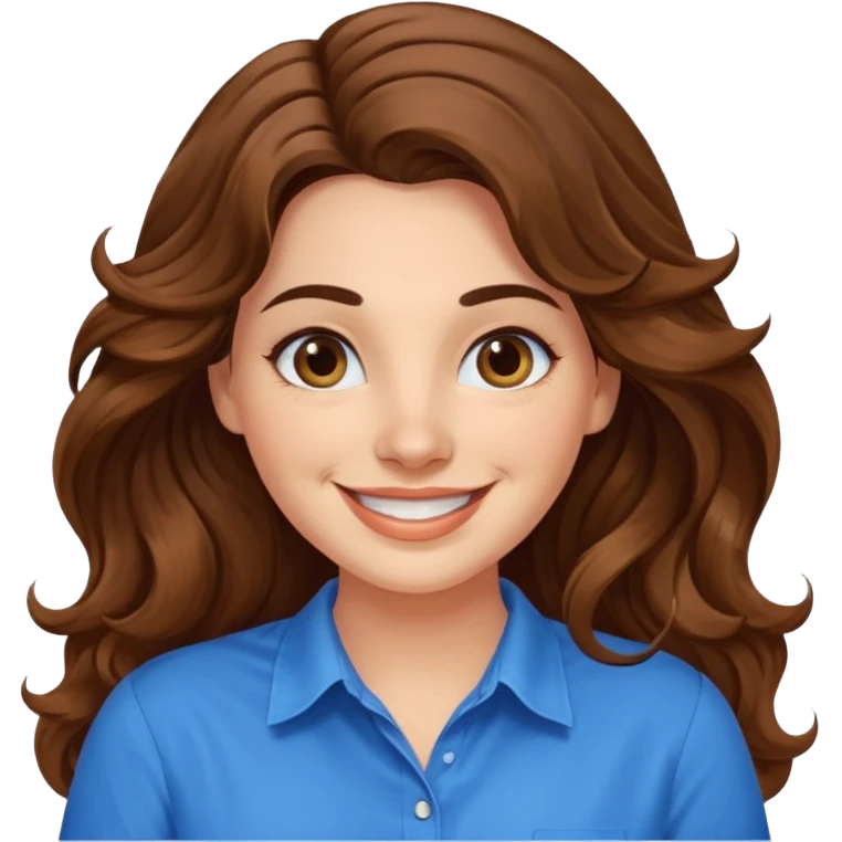 30 yr old italian woman, long brown wavy hair, big brown eyes, huge smile, bright blue shirt, no bangs, a bit chubby emoji