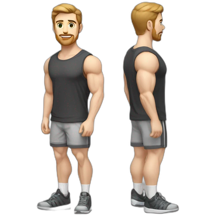 Full height Pale skinned fit man With biceps, Realistic eyes and mouth, light brown hair and stubble In dark gray sleeveless mike, black oversize sports shorts, watch and white sneakers. emoji