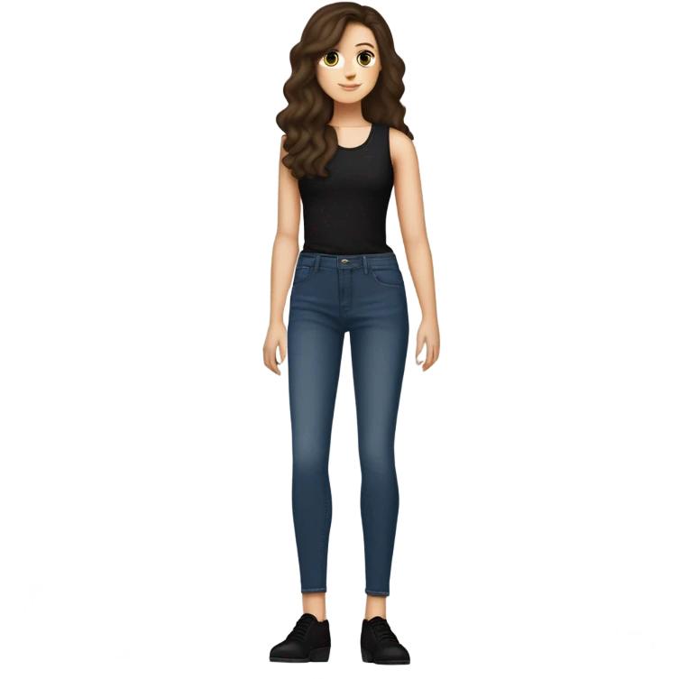 tall skinny brunette haired girl with brown eyes medium wavy hair and middle part curtain bangs wearing dark wash jeans and black high neck tank top and black mary jane heel shoes standing and holding fat black cat with white spot on its belly emoji
