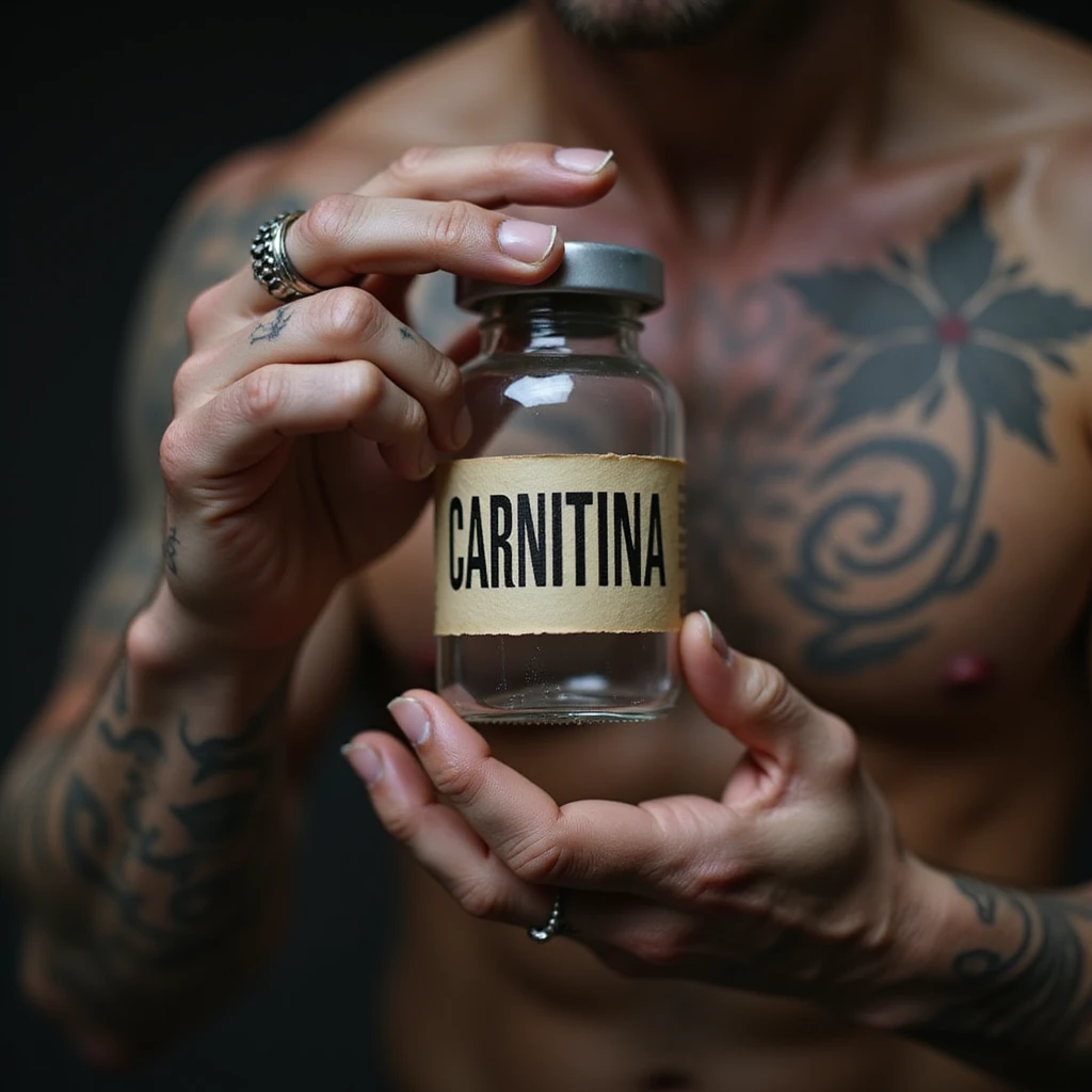 bodybuilder with tattoos, hyperrealistic, holding a vial with a label 'CARNITINA' in large block letters, 4k quality emoji