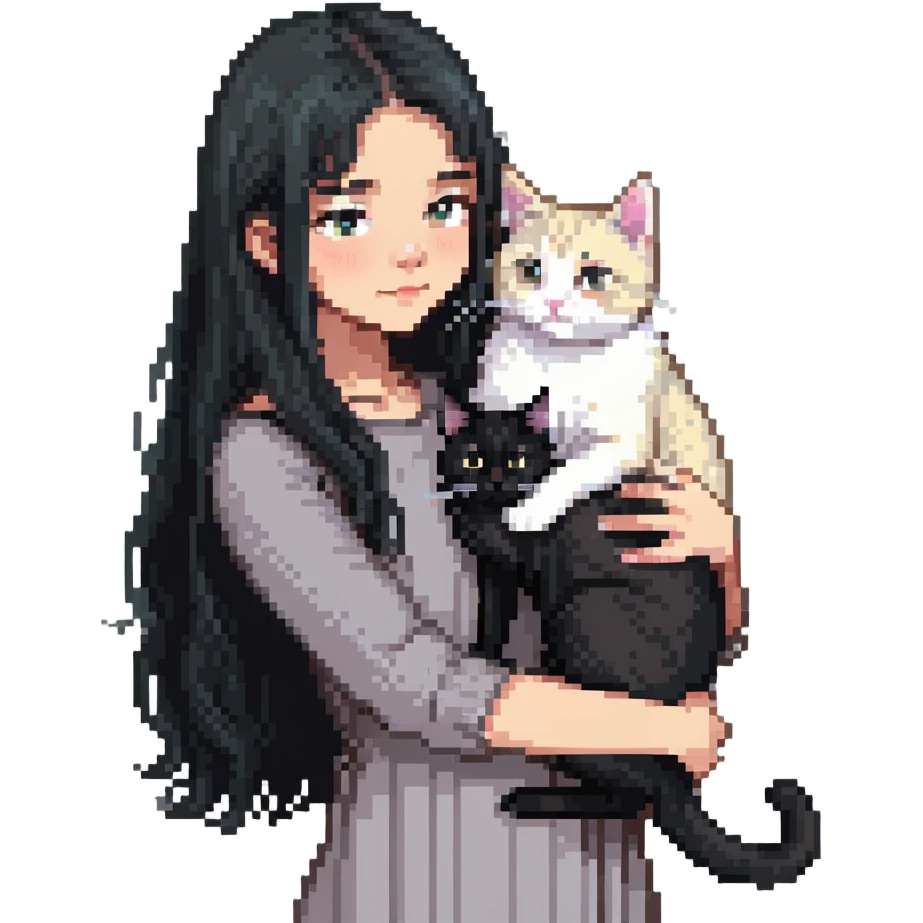 Beautiful girl with long black hair petting a gray and blonde mixed cat emoji