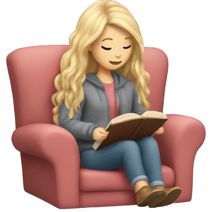 long hair white girl reading a book in cozy chair  emoji