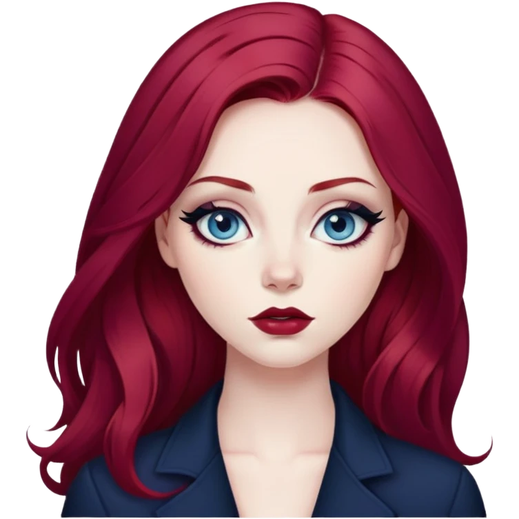pretty baddie, wine red hair, cute lips, pale skin, long hair, dark blue eyes, bold black eyeliner emoji
