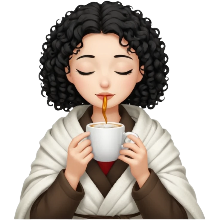 Gözleri kapalı, beyaz tenli ve kıvırcık siyah saçlı saç boyu orta omuzlarında bir kadın avatar, battaniyeye sarılmış halde beyaz bir Türk kahvesi fincanından içeceğini huzurla yudumluyor. emoji