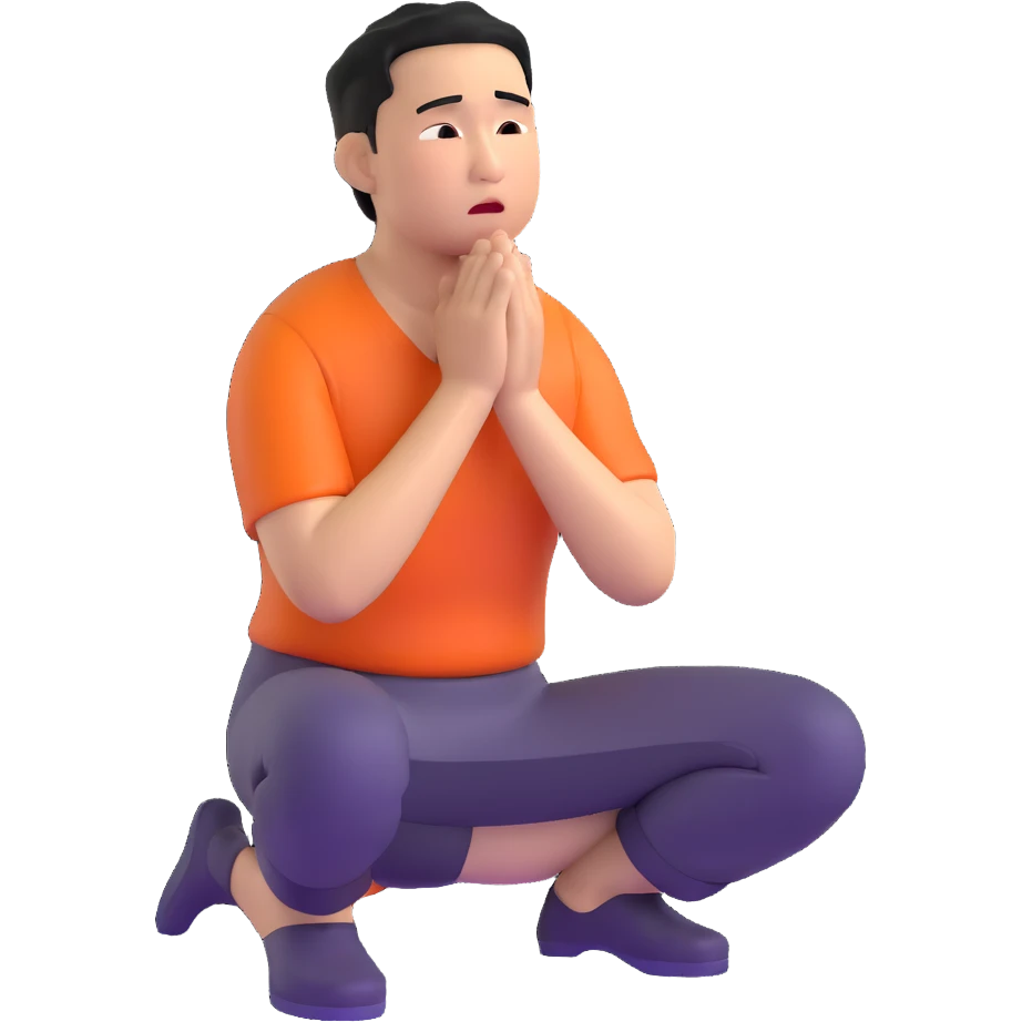 sad Asian man kneeling, crying emoji
