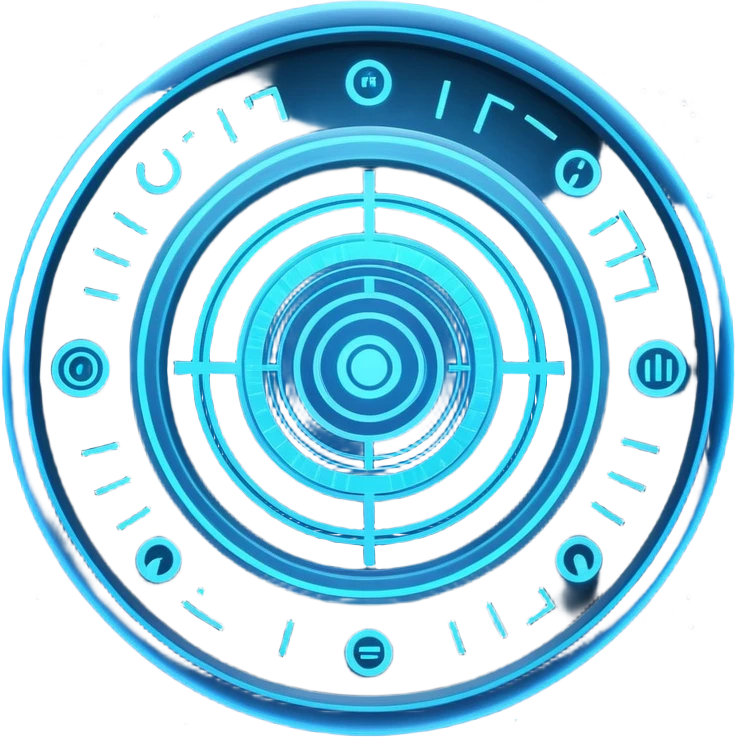 A circular blue holographic interface made of concentric rings, glowing tick marks, and data arcs, with the text “J.A.R.V.I.S.” centered, resembling a futuristic digital HUD floating in space. emoji