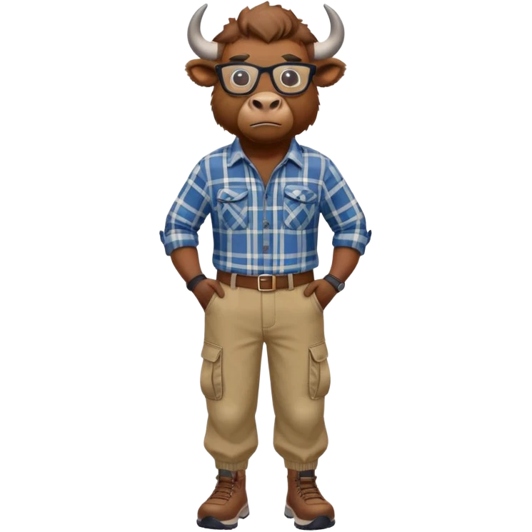 friendly anthropomorphised bison in cargo pants and plaid shirt, wearing glasses, jogging upright, relaxed pose emoji