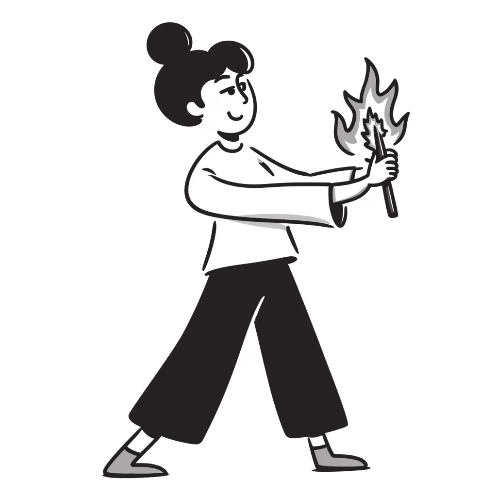 hand-drawn doodle of a woman with a fire whip emoji