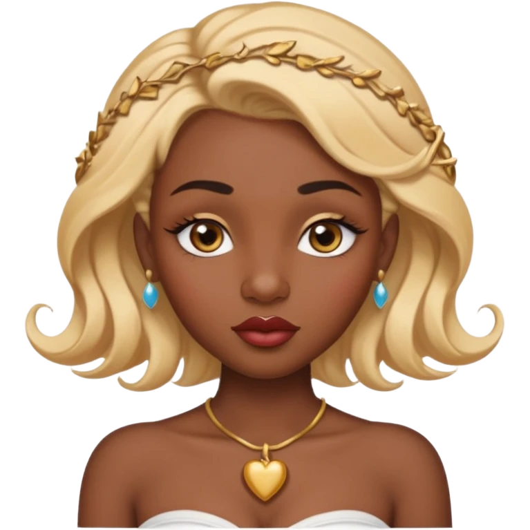 darkskin female with eyebrows that are naturally shaped and frame eyes well, eyes that are almond-shaped with defined lashes. nd lips are full with a defined cupid’s bow, add also a septum piercing that adds an edgy, stylish flair. a middle-part, honey blonde bust-down with laid baby hairs emoji