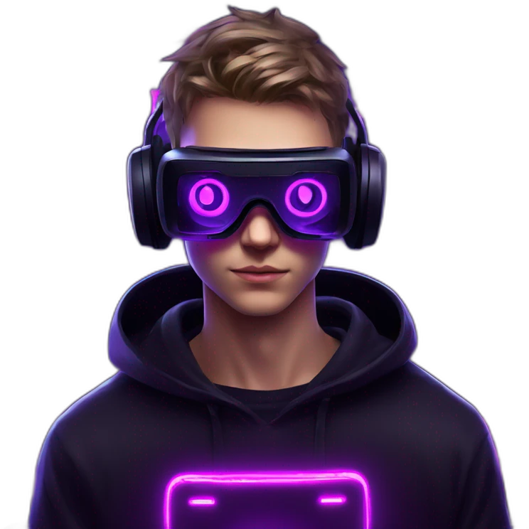 Russian young man wearing a black hoodie with "OMG" letters on it and VR headset in a cyberpunk VR environment with violet neon lighting. emoji