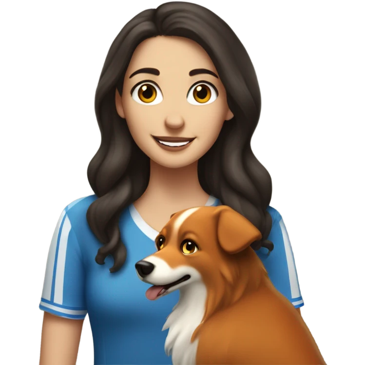 White girl with long wavier dark brown hair celebrating Hanukkah with her fox looking dog emoji