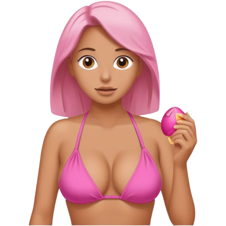 Lady with huge boobs, in a tight bikini, tanned, boobs are so big they are struggling to be contained in tight pink and very revealing bikini emoji