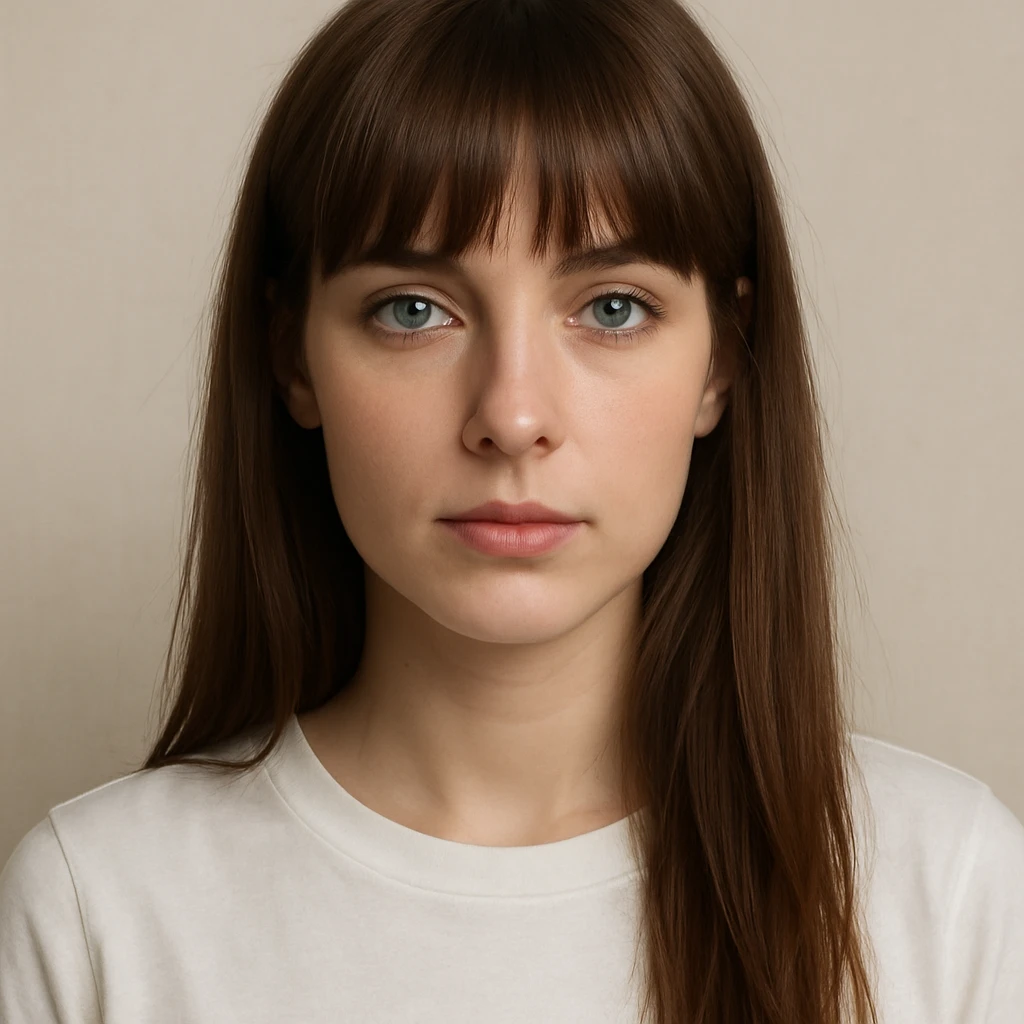 white woman, long straight brown hair with bangs, blue-grey eyes, white shirt, simple background, digital art emoji