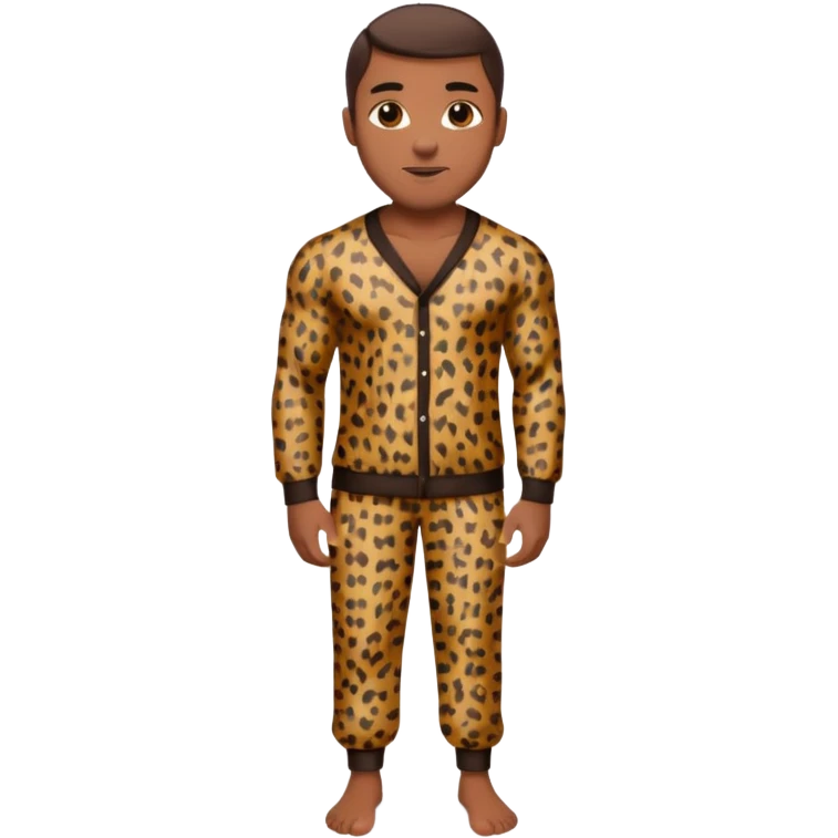 Handsome Black man with brown skin tone, with muscular build, wearing long sleeve leopard print pajamas and white slippers emoji