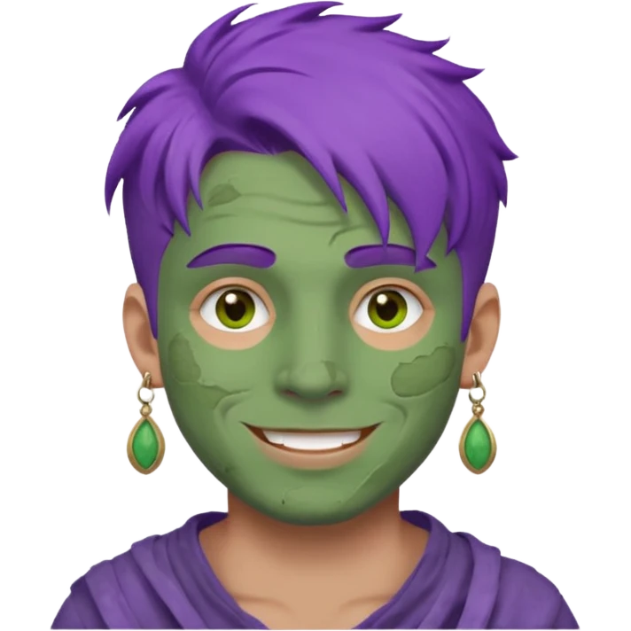 purple haired man with full full face dirty messy green clay mask and earrings happy  emoji