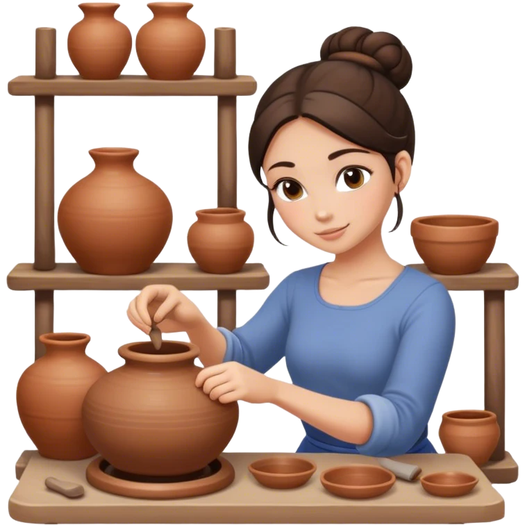Brunette girl, bun, doing pottery, pottery wheel emoji