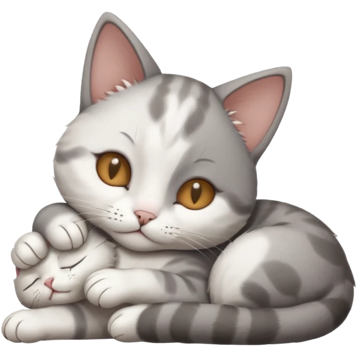 grey and white small cat with eyes closed lying down with its head resting own paw emoji