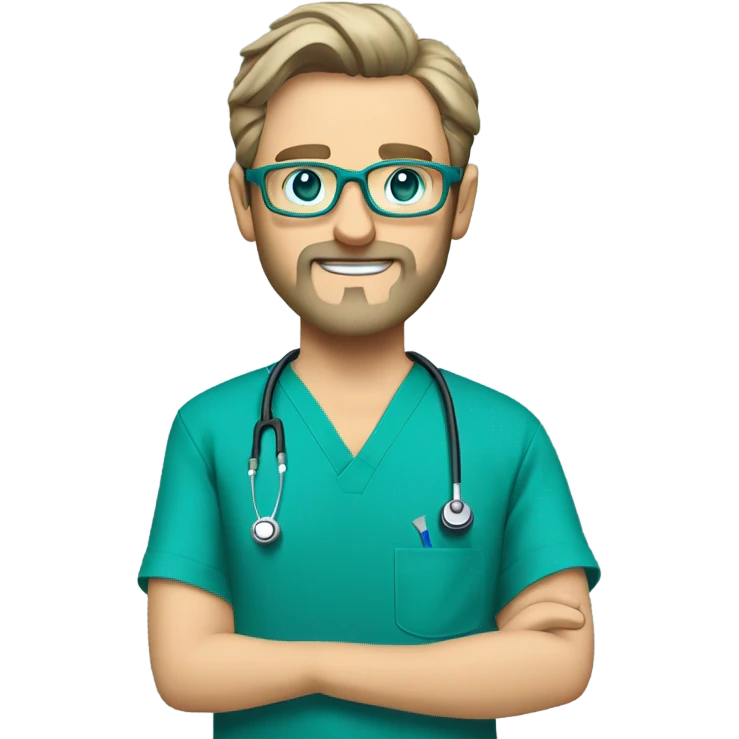 male dark blond with grey beard doctor with blue-green eyes and wire-rimmed glasses in teal scrubs holding a paintbrush and a jigsaw emoji