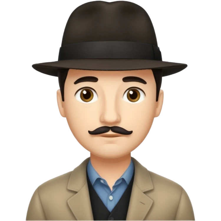 A light-skinned man with short dark hair, a thin mustache, and a black fedora, with an oval face and calm look. emoji
