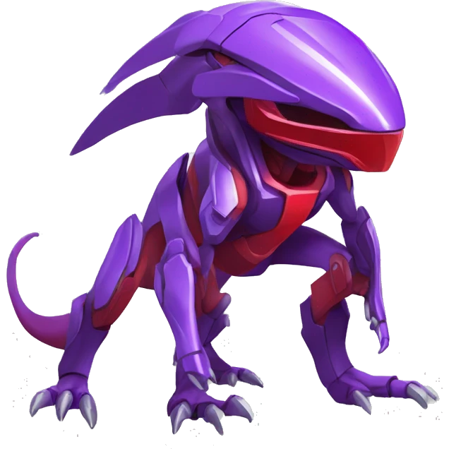 a shiny purple-red Genesect-Raptor-Fakémon—hybrid with a futuristic visor-helmet full body emoji