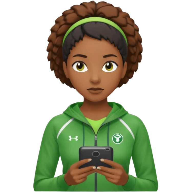 A calm black female coach with folded arms, analyzing the game with sharp focus, green clothes emoji