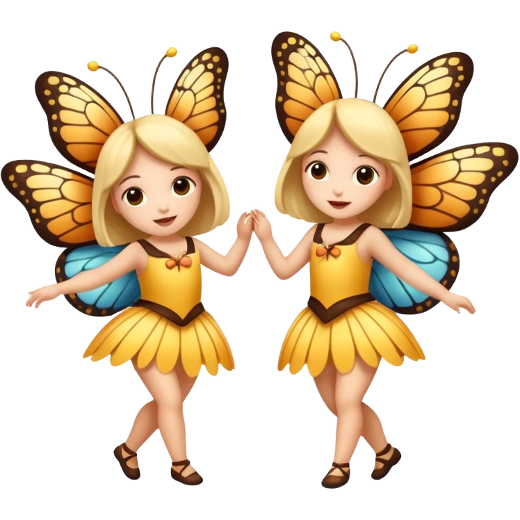 two girls dressed as cute moth and butterfly dancing emoji