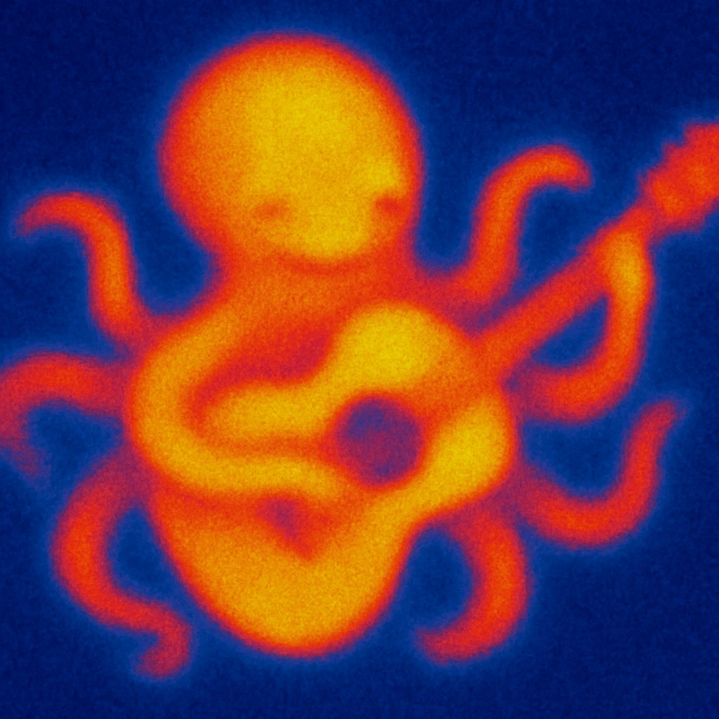 happy octopus with multiple arms playing guitar emoji
