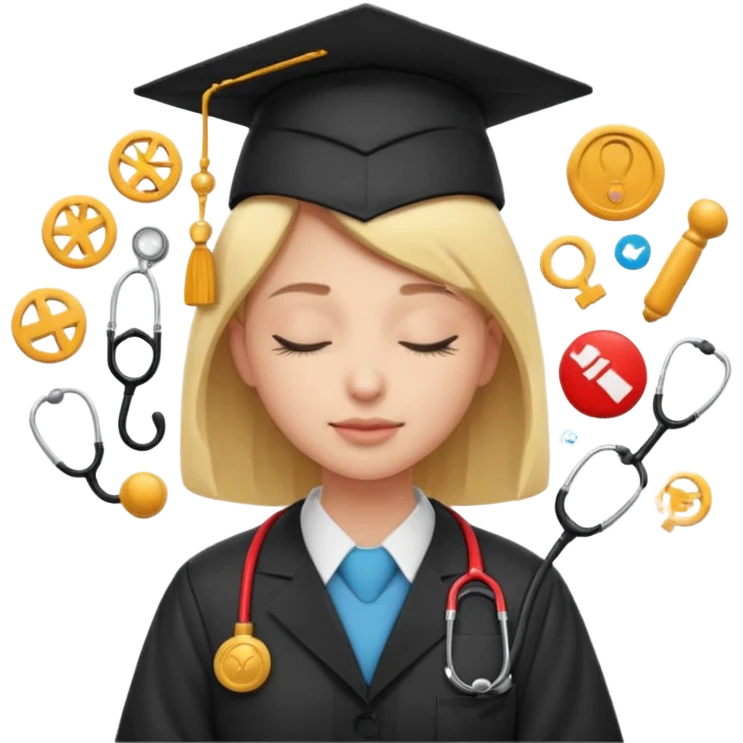 a person with closed eyes, surrounded by floating symbols of different professions emoji